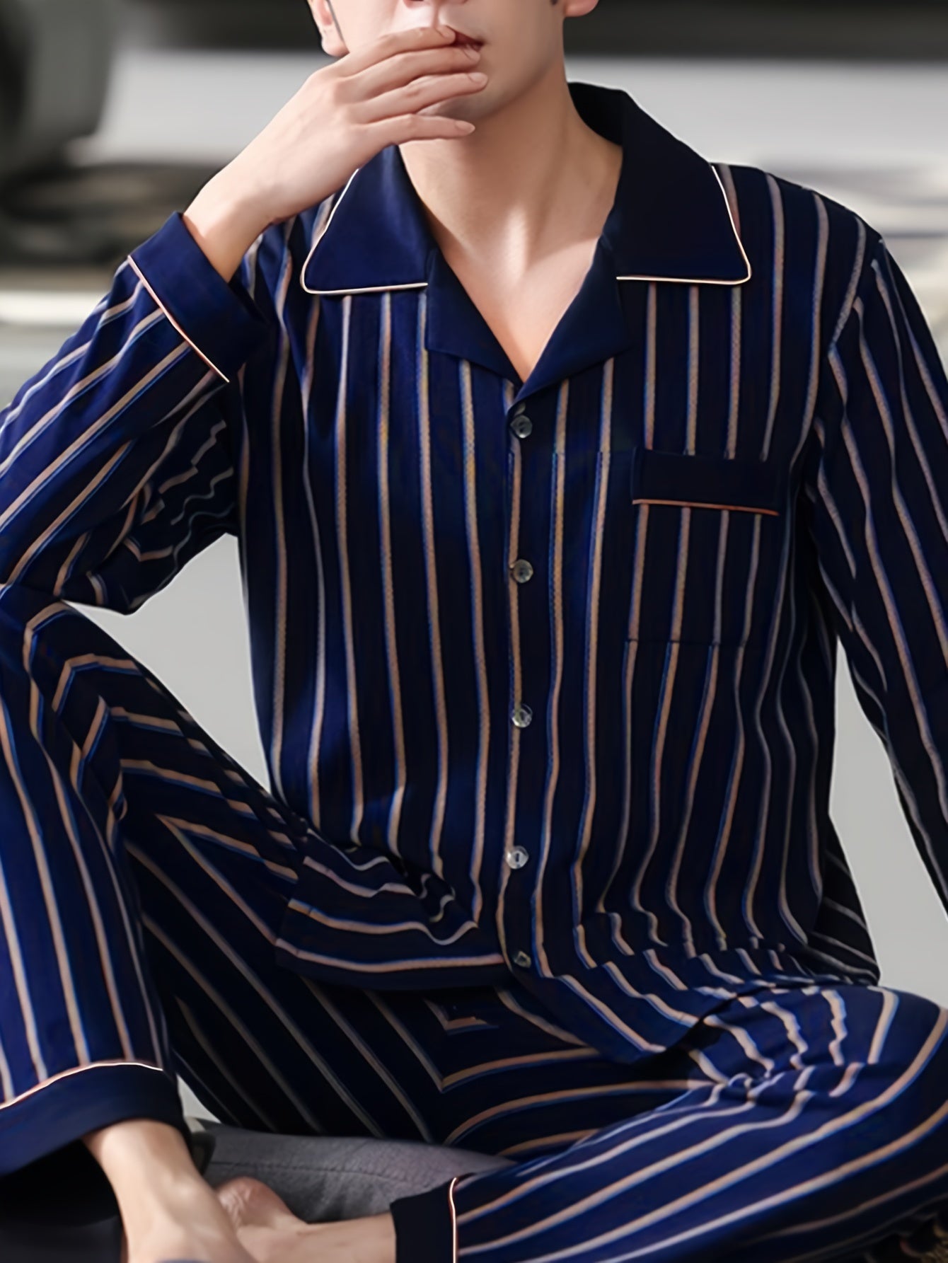 Men's Striped Long Sleeve Pajama Set Polyester Elastane Sleepwear with Pockets for Spring Autumn