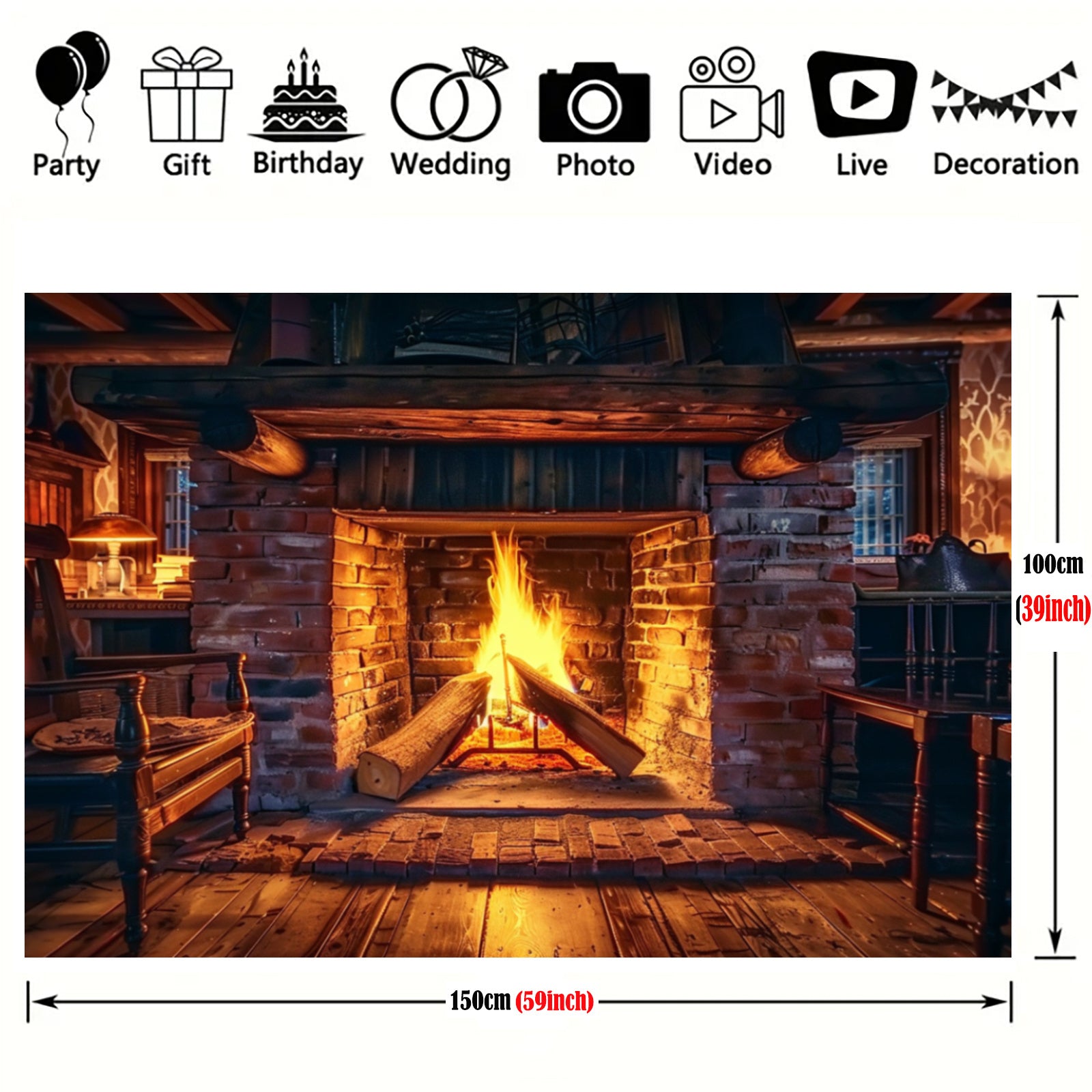 Realistic Fireplace Polyester Backdrop with Burning Wood Design in Multiple Sizes