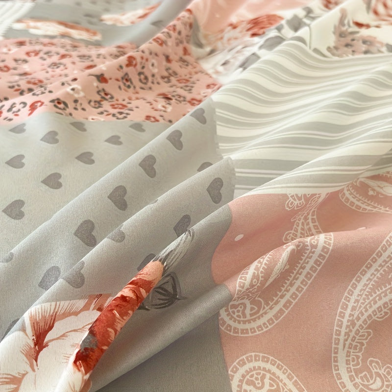 Pink Patchwork Quilt Cover Set Microfiber Soft Bed Decor with Pillowcases