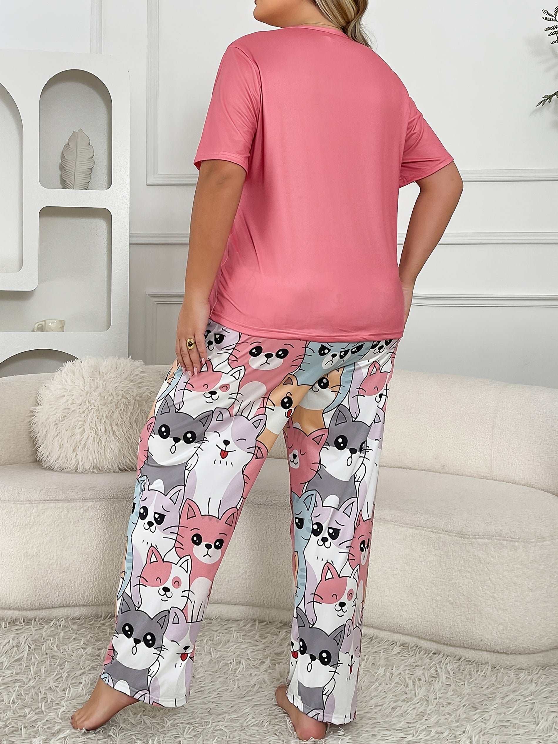 Женский комплект ночной одежды больших размеров с мультяшным принтом животных, короткий рукав, брюки