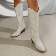 Женские ботинки на высоком каблуке в стиле вестерн с украшением из страз и массивным каблуком