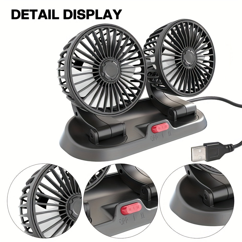 360° Rotatable Dual-Head Car Fan USB Powered Adjustable Wind Speed for Vehicle Ventilation