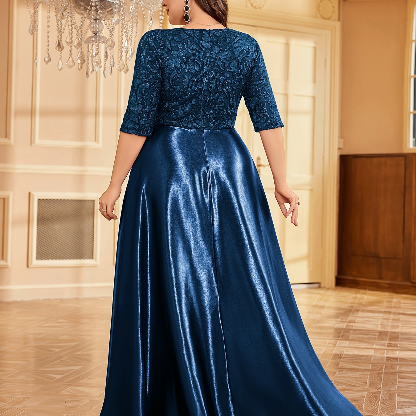 Women Long Dress Solid Color Mid-Sleeve Sequin Party Evening Gown