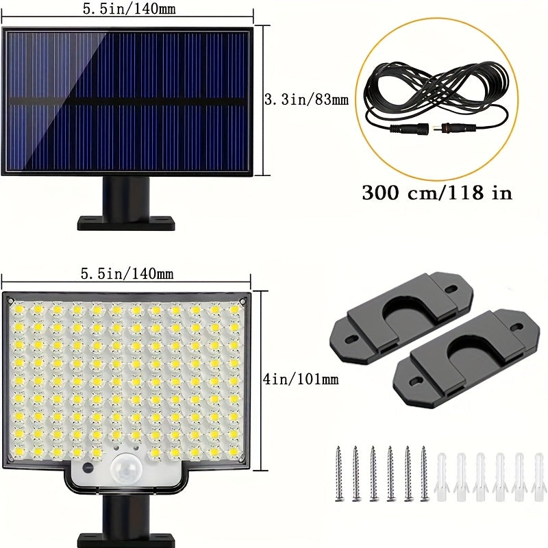 Luz de pared solar con 106 LEDs, sensor de movimiento, ángulo ajustable, cable de 279cm para patio y jardín