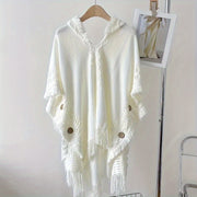 White Bohemian Style Fringed Hooded Poncho for Women Knitted Sweater Casual Shawl