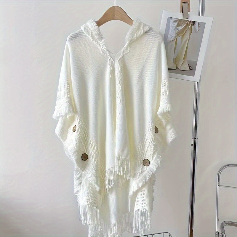 White Bohemian Style Fringed Hooded Poncho for Women Knitted Sweater Casual Shawl