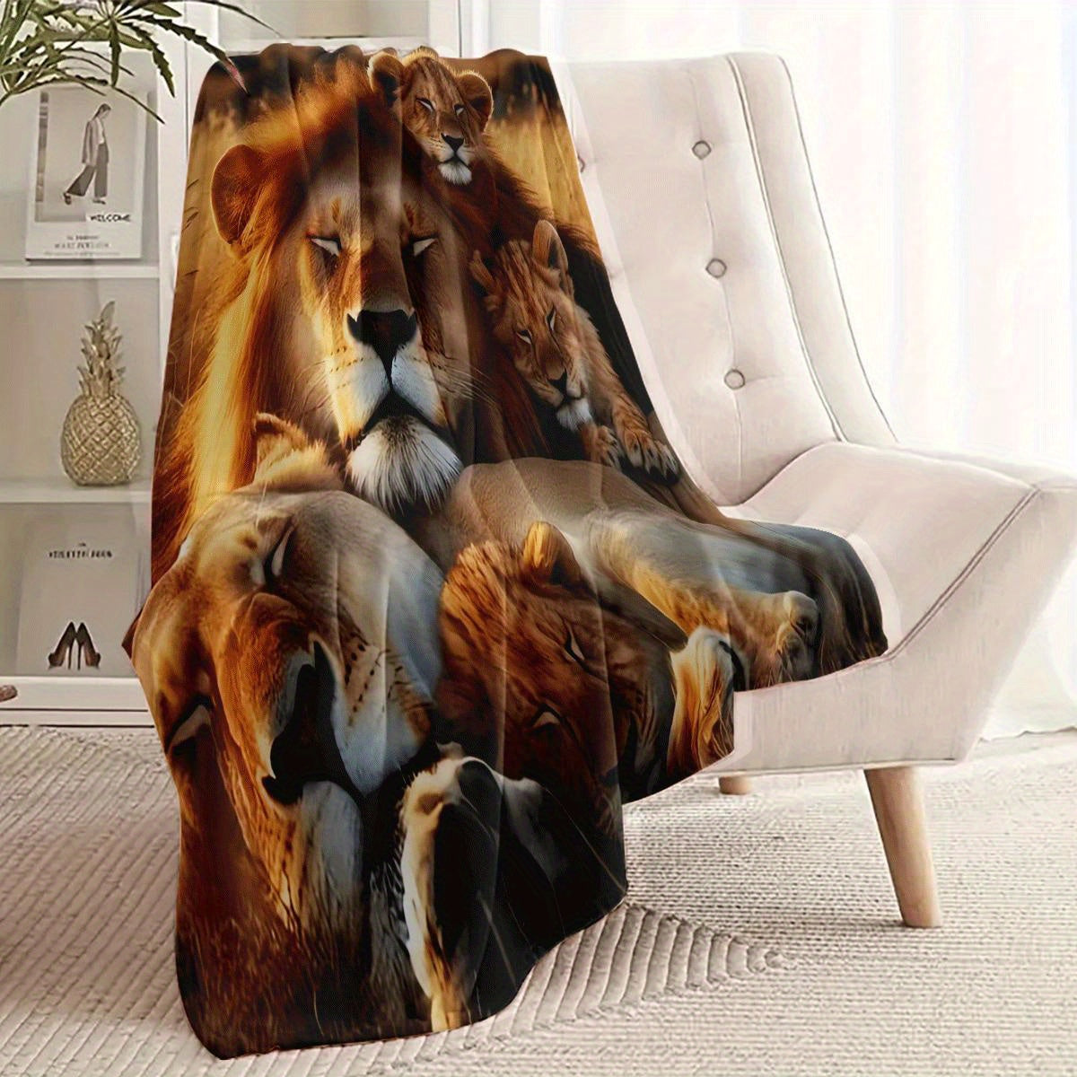 Vintage Lion Family Print Flannel Throw Blanket Yengil Polyester Sofaga mo‘ljallangan