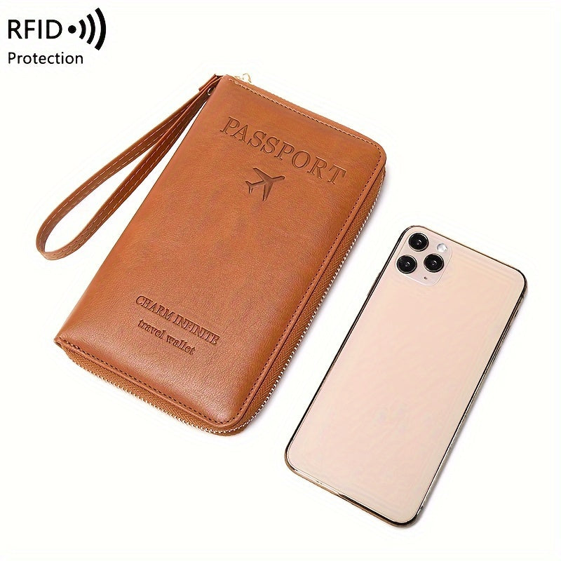 Brown RFID Blocking Travel Wallet with Zipper Closure and Wrist Strap for Passports and Cards