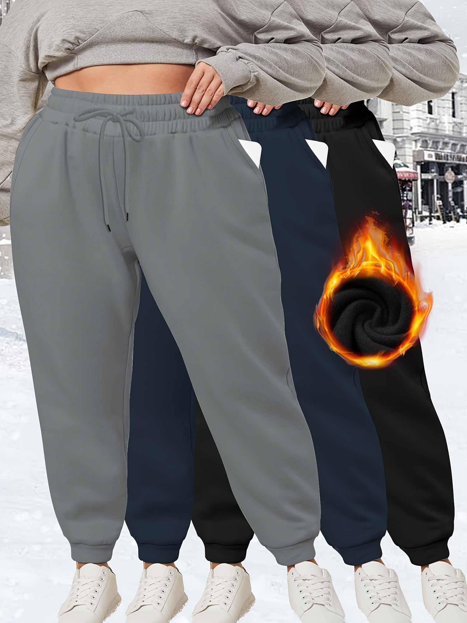 Plus Size Jogger Pants 3 Pack High Stretch Drawstring Waist Solid Cold Weather
