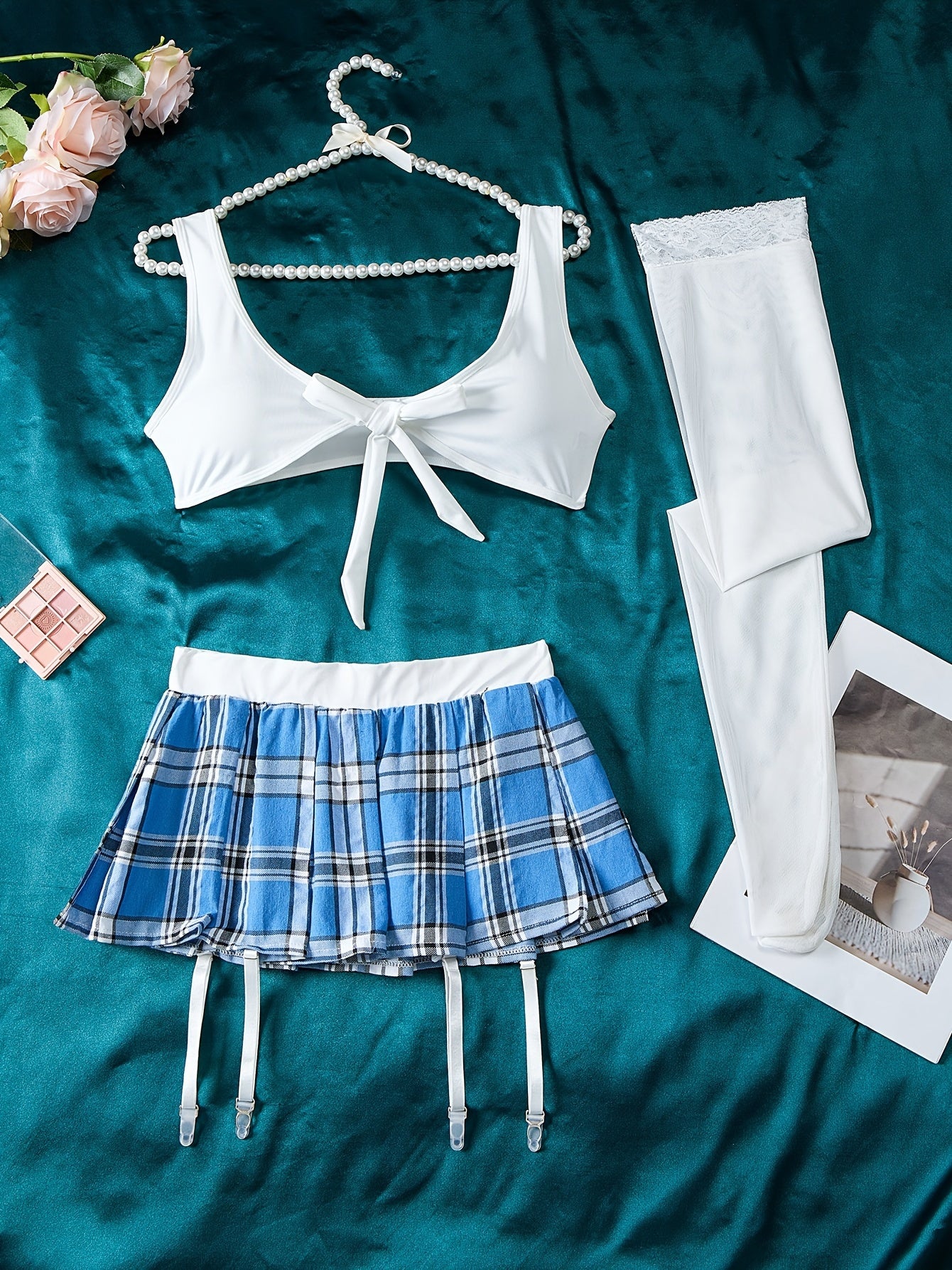 Women's Naughty Preppy Music Festival Costume Bow Top Plaid Garter Belt Lingerie