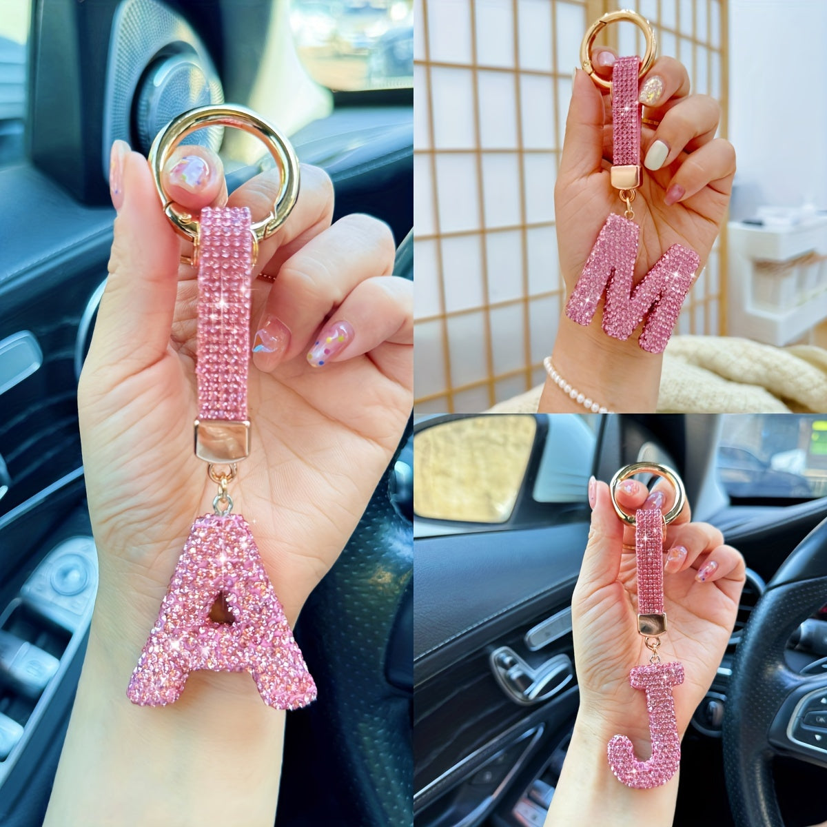 Llavero personalizado con inicial rosa, colgante de aleación con rhinestones para mujeres