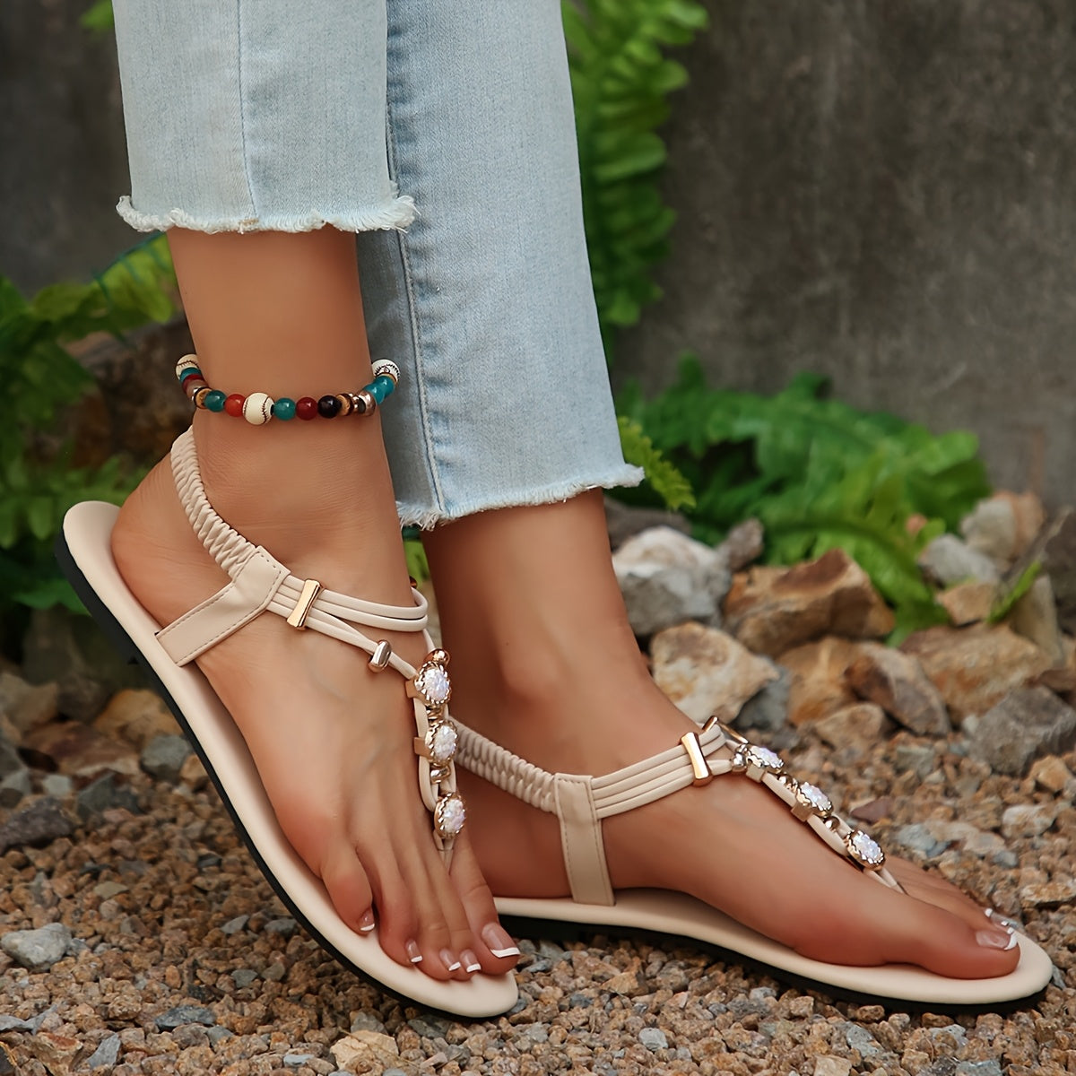 Women's Flat Sandals Rhinestone Embellishments Strappy Back Split Toe