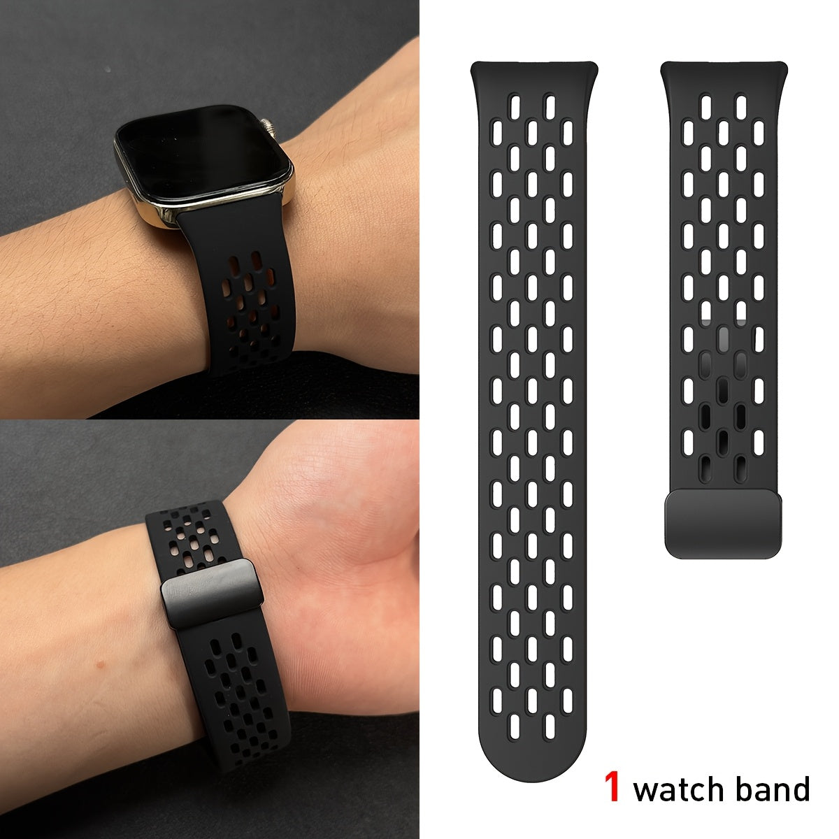 Silicone Watch Strap Breathable Multi-Hole Magnetic Folding for Fitness Tracker