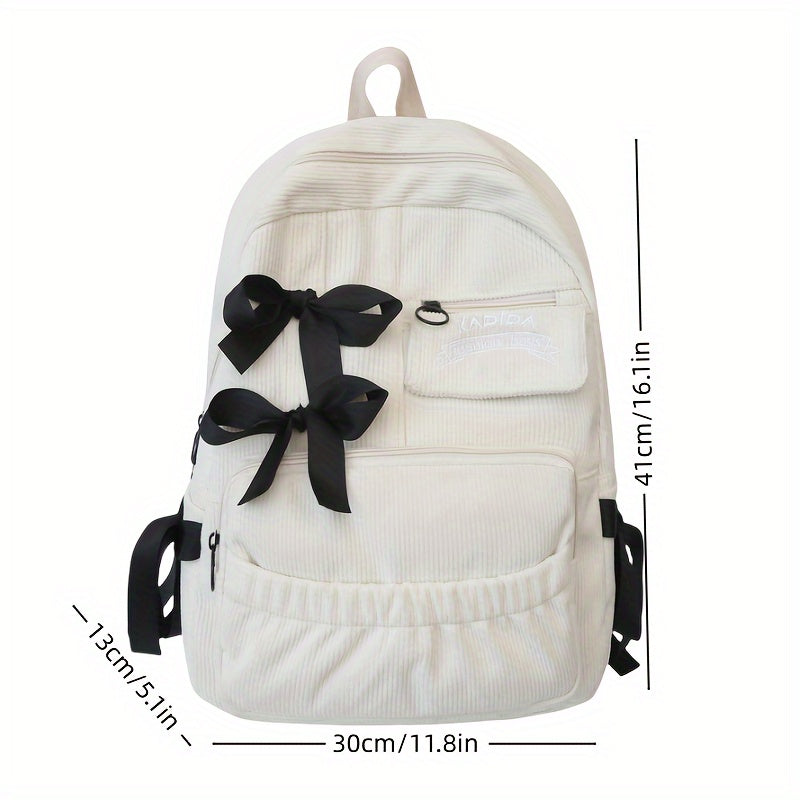Ayollar uchun 1 dona korduroy bowknot ruksak, shirin uslub, chiziqli dizayn, sozlanadigan yelka tasmalari, noutbuk bo'limi, zip yopilishi, polyester astar, qo'l yuvish/quruq tozalash - Kundalik tasodifiy