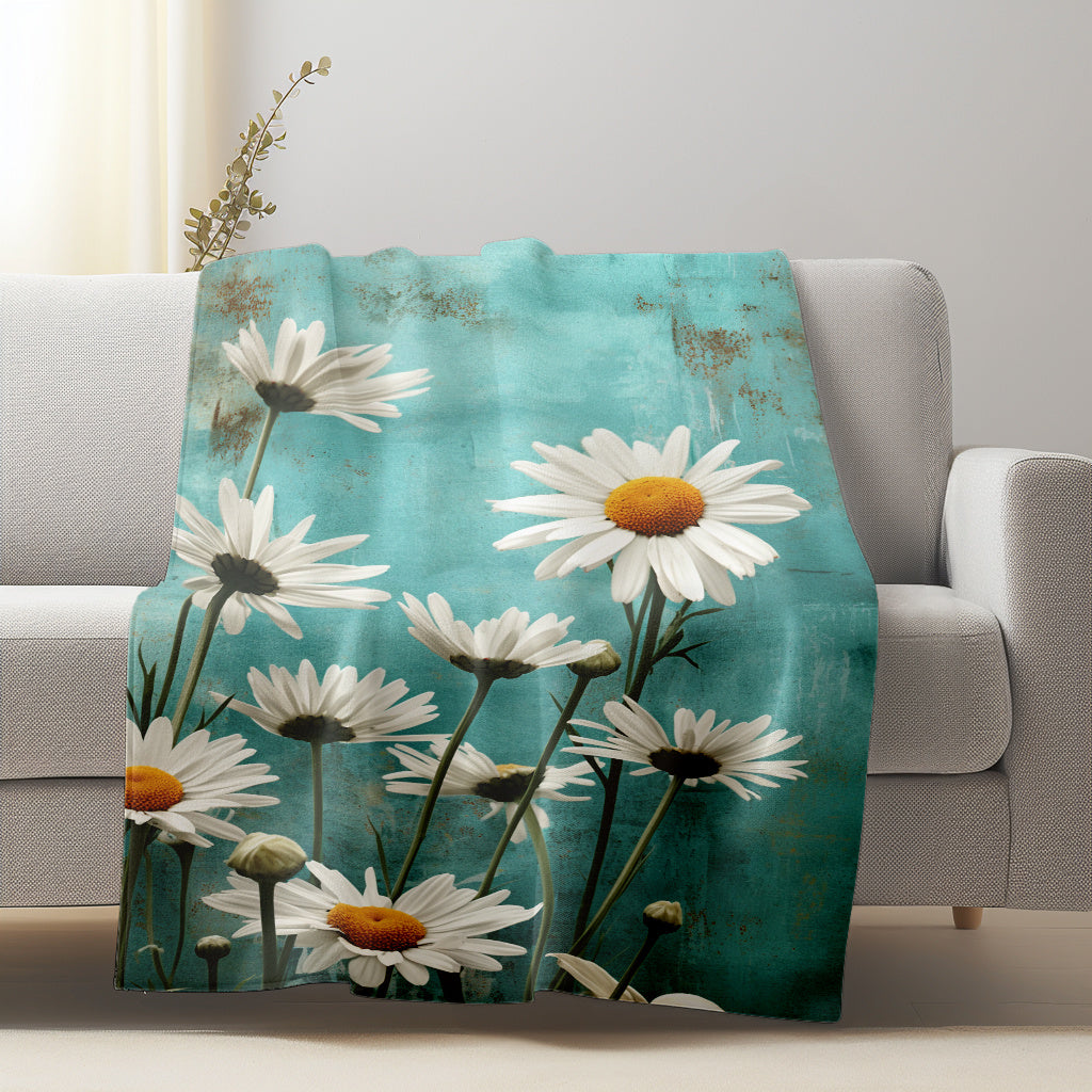 Flannel Fleece Throw Blanket White Daisy Floral Lightweight All-Season Knitted Polyester