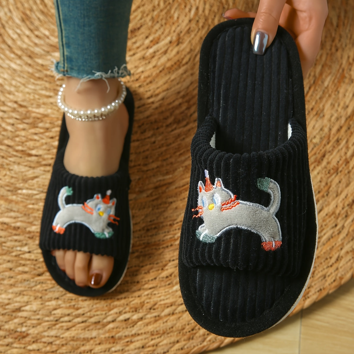 Women's Cotton Striped Cat Design Slip-On Home Slippers