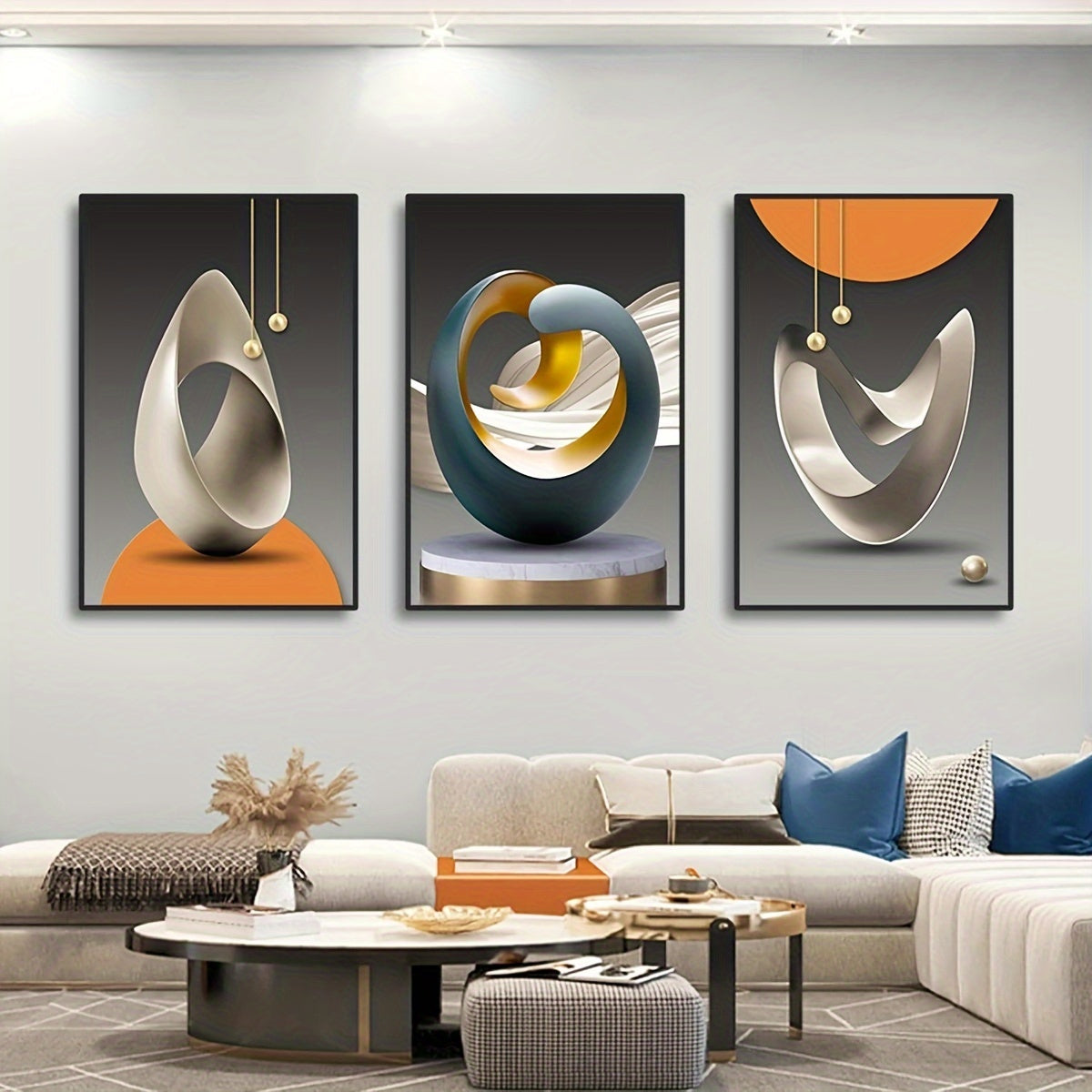 Set of 3 Modern Canvas Posters Abstract Geometric Wall Art No Frames