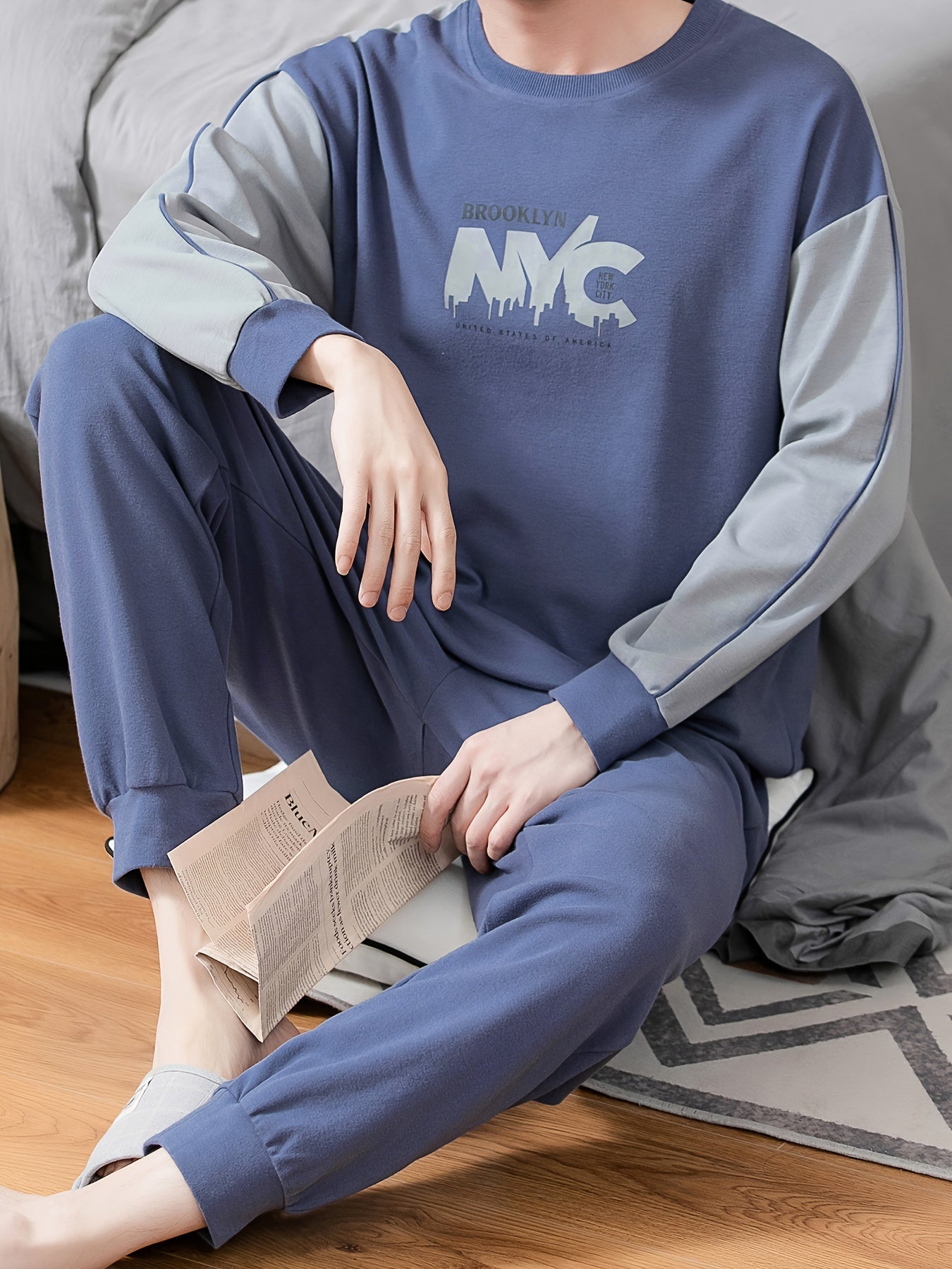 Men's Color Block Pajama Set with Letter Graphic Long Sleeve Crew Neck Top and Loose Pants for Spring and Fall