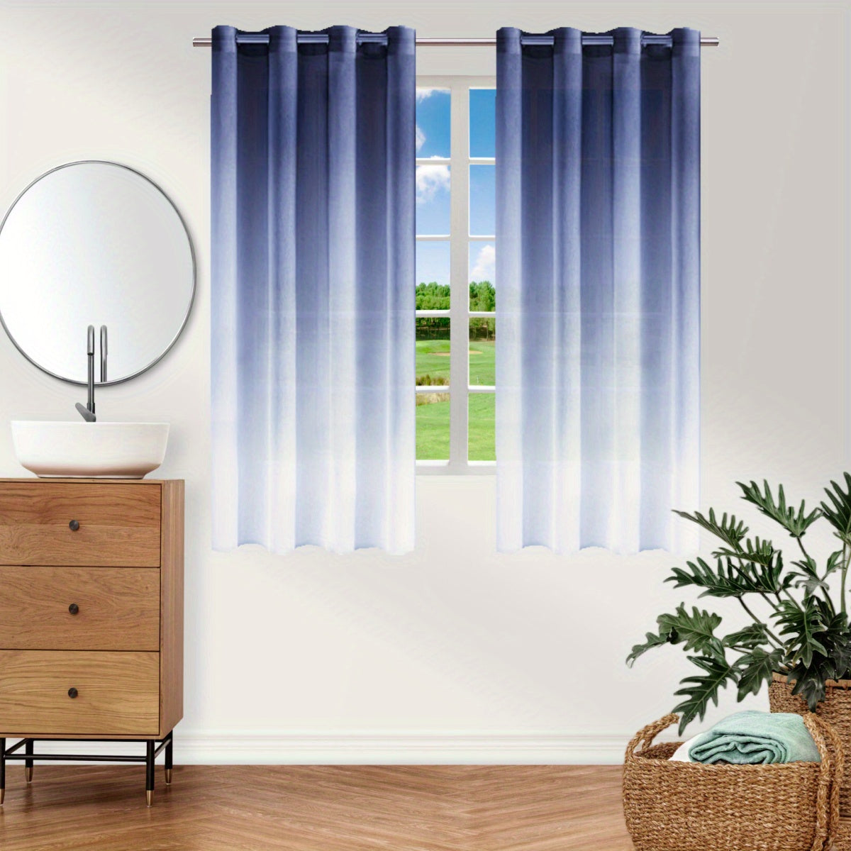 Bohemian Ombre Sheer Curtain Blue to White UV Protective Polyester for Bedroom Living Room