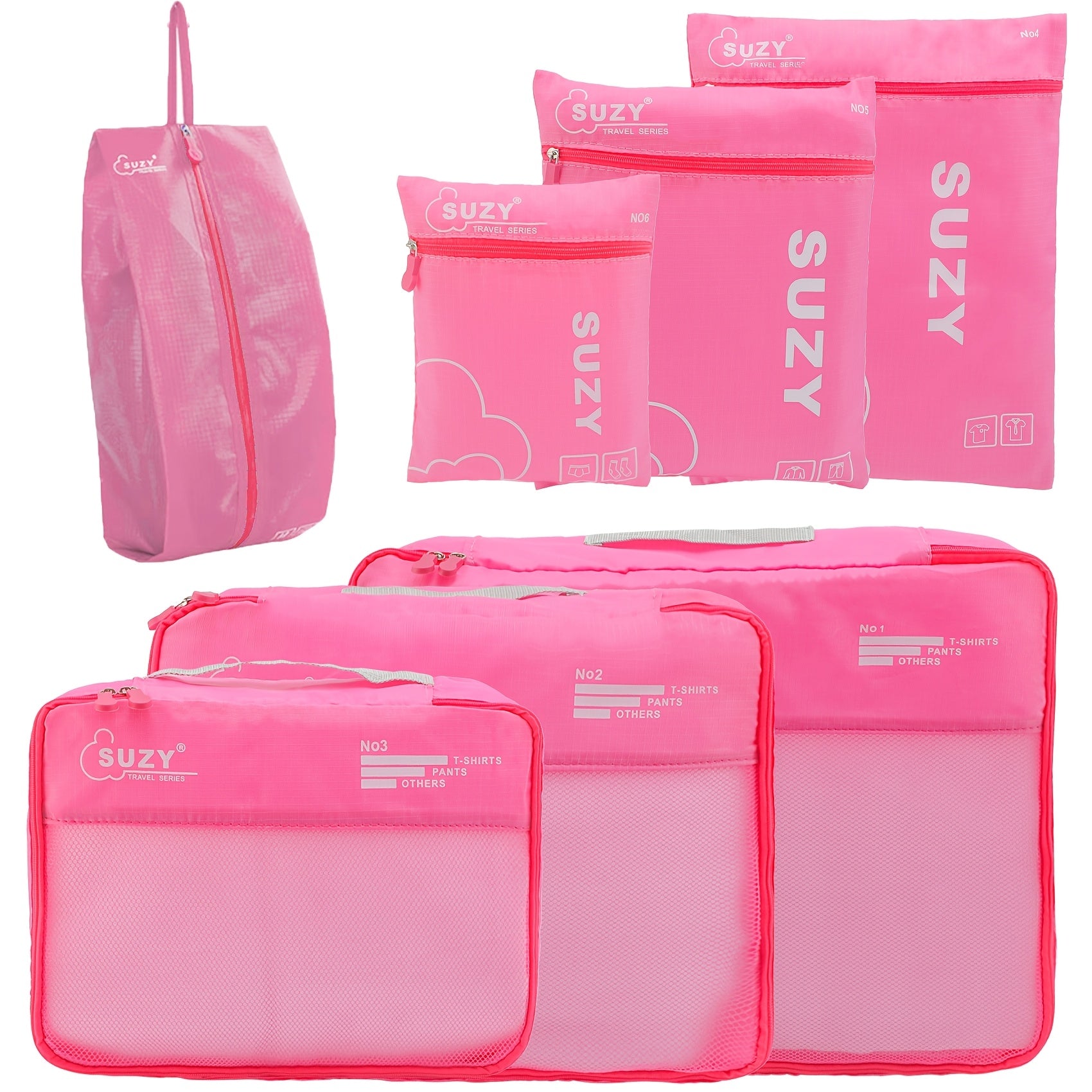 7-Piece Navy Blue Polyester Packing Cubes with Orange Accents for Travel Luggage Storage