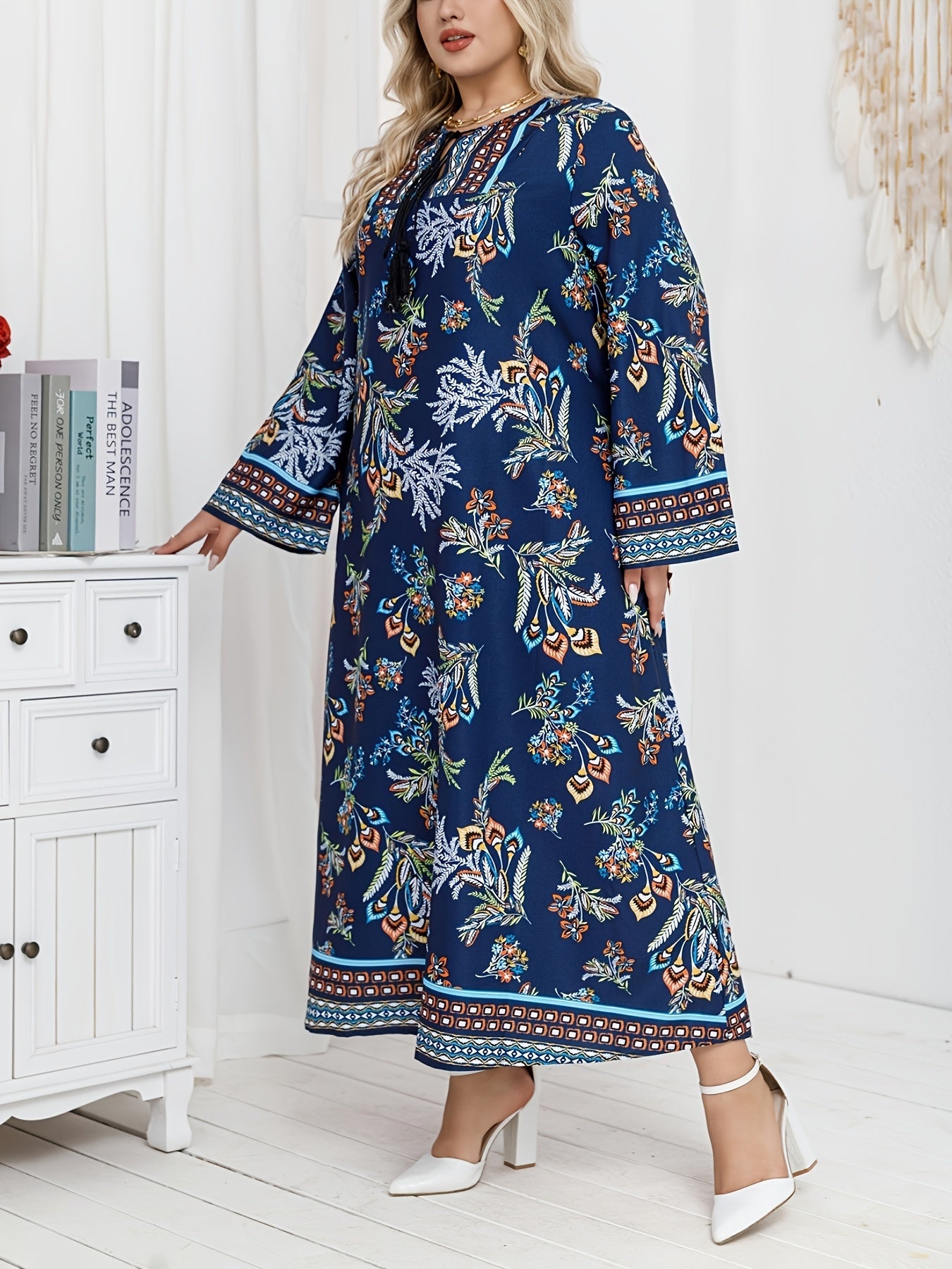 Plus Size Women's Loose Dress Middle Eastern Style Elegant Print Casual