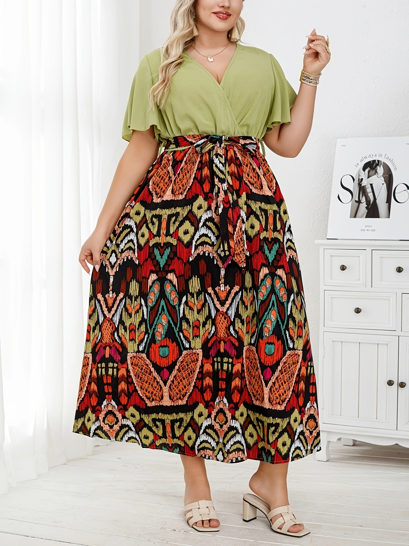Plus Size Women's Ethnic Print Strappy Waist Dress Summer Fashion