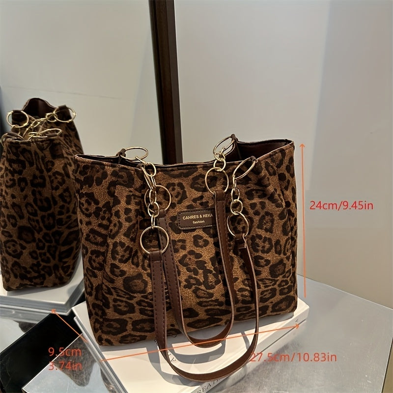 Leopard Print Tote Bag for Women Large Capacity Zipper Closure Fixed Straps Dark Brown