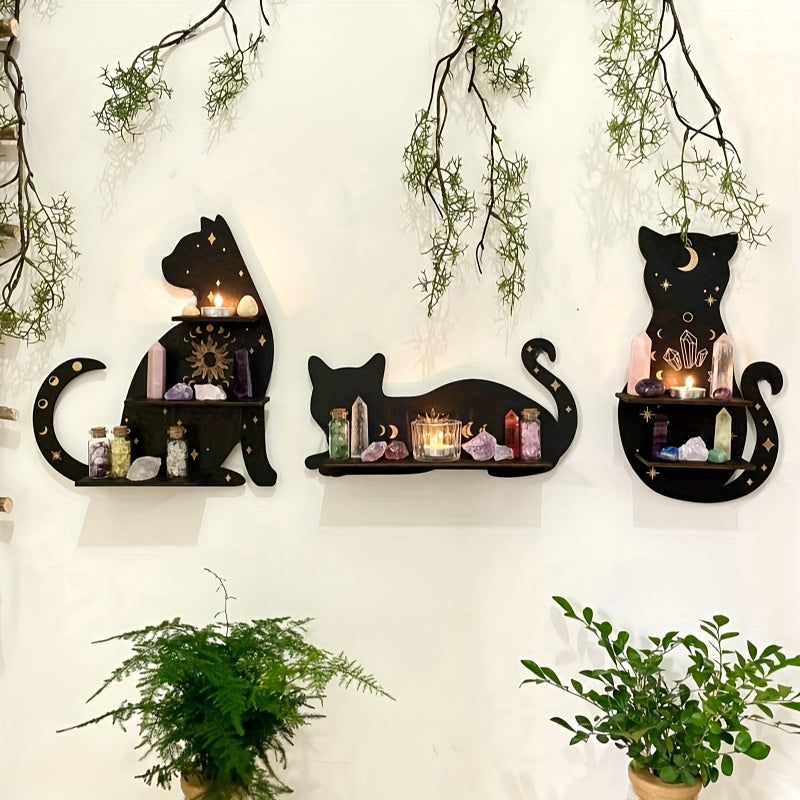Black Cat Wall Shelf for Living Room and Bedroom Decor with Plants Crystals and Candles