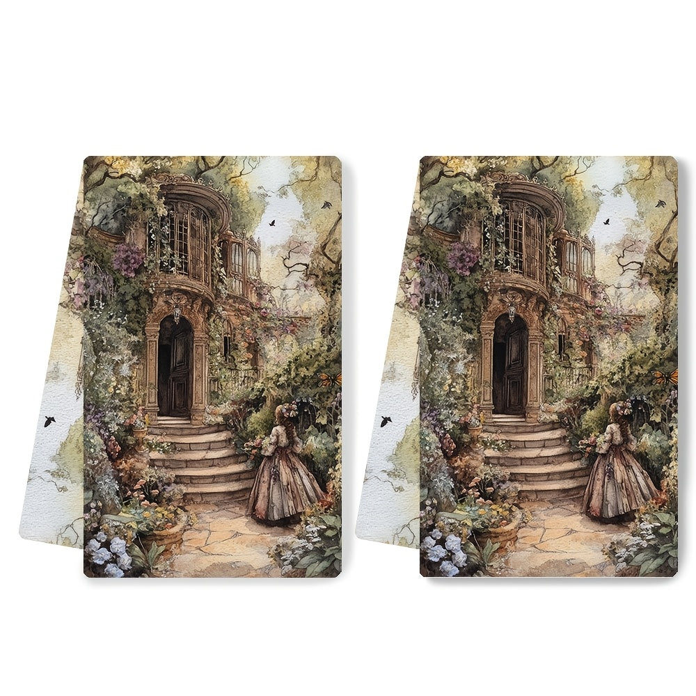 Juego de 2 toallas de cocina y mano ultra suaves y absorbentes, diseño de jardín victoriano