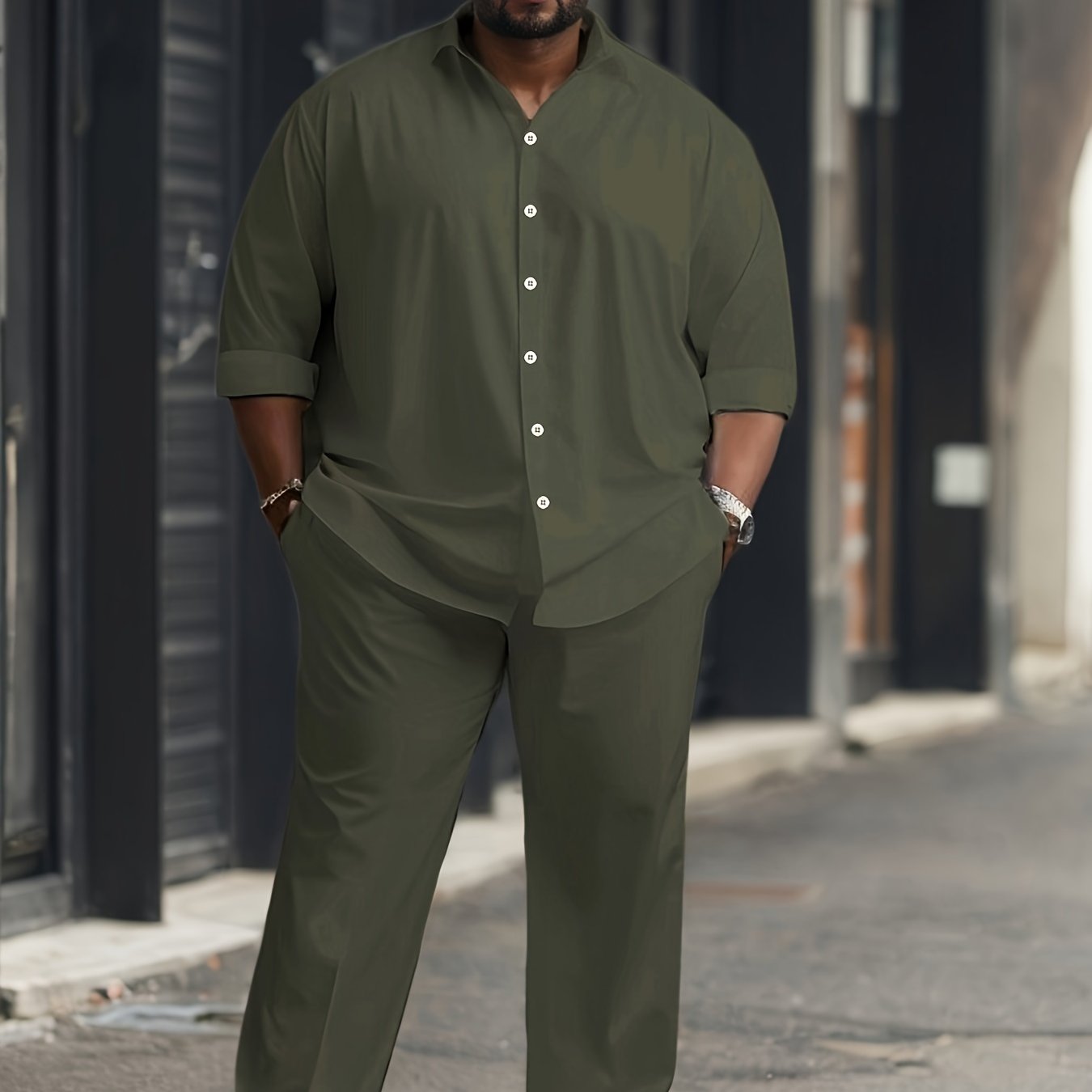 Men's Plus Size Casual Outfit Set Long Sleeve Button-Up Shirt and Pants with Pockets
