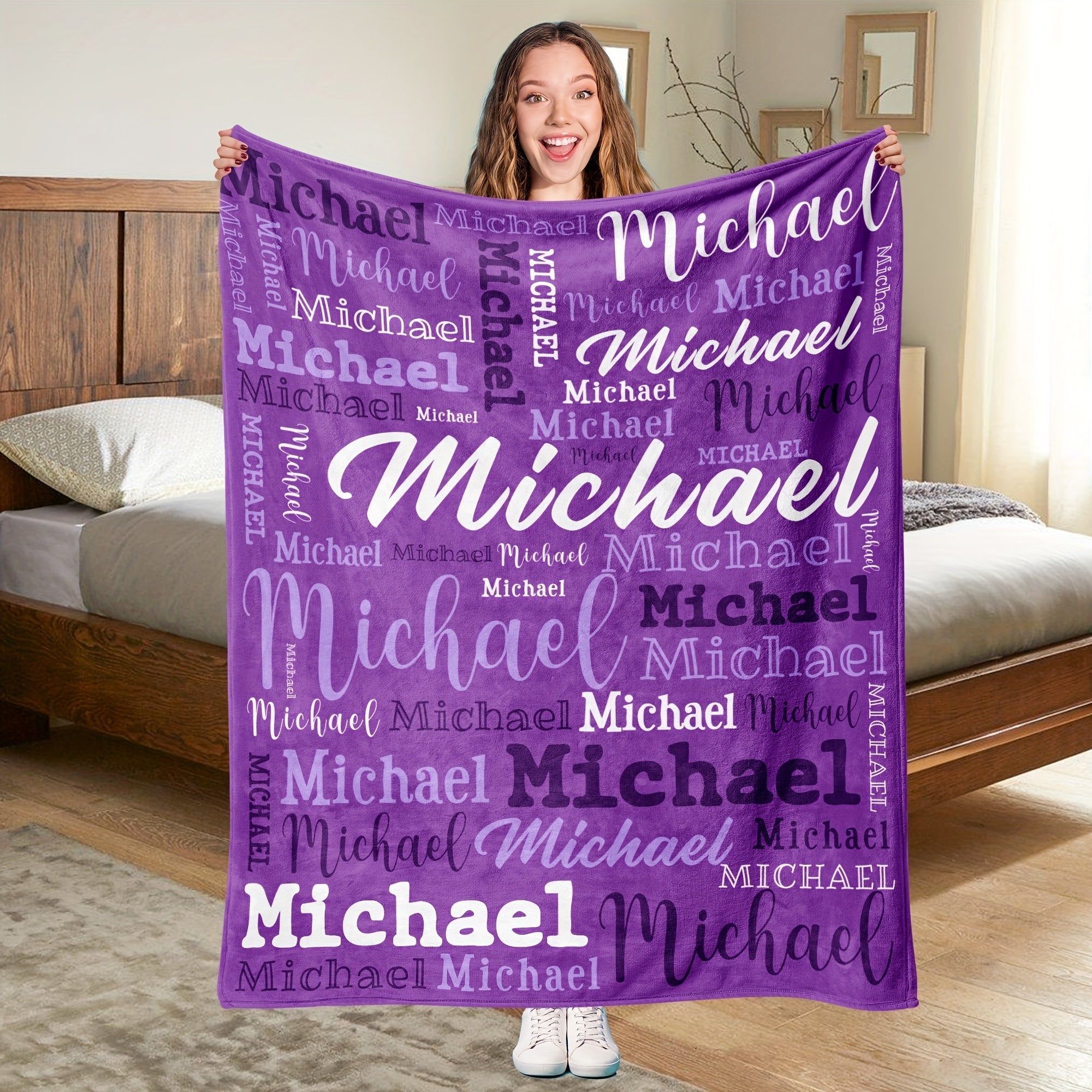 Personalized Name Blanket Flannel Throw with Purple Butterfly Hypoallergenic Machine Washable for Couch Bed Camping