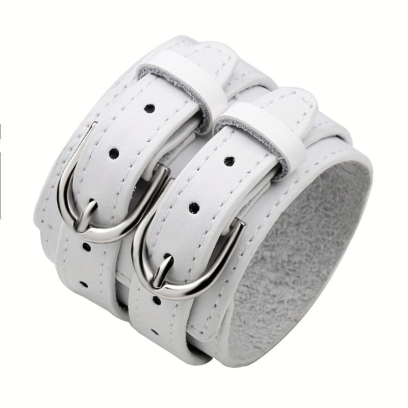 Men's Punk PU Leather Bracelet with Double Buckle and Adjustable Fit