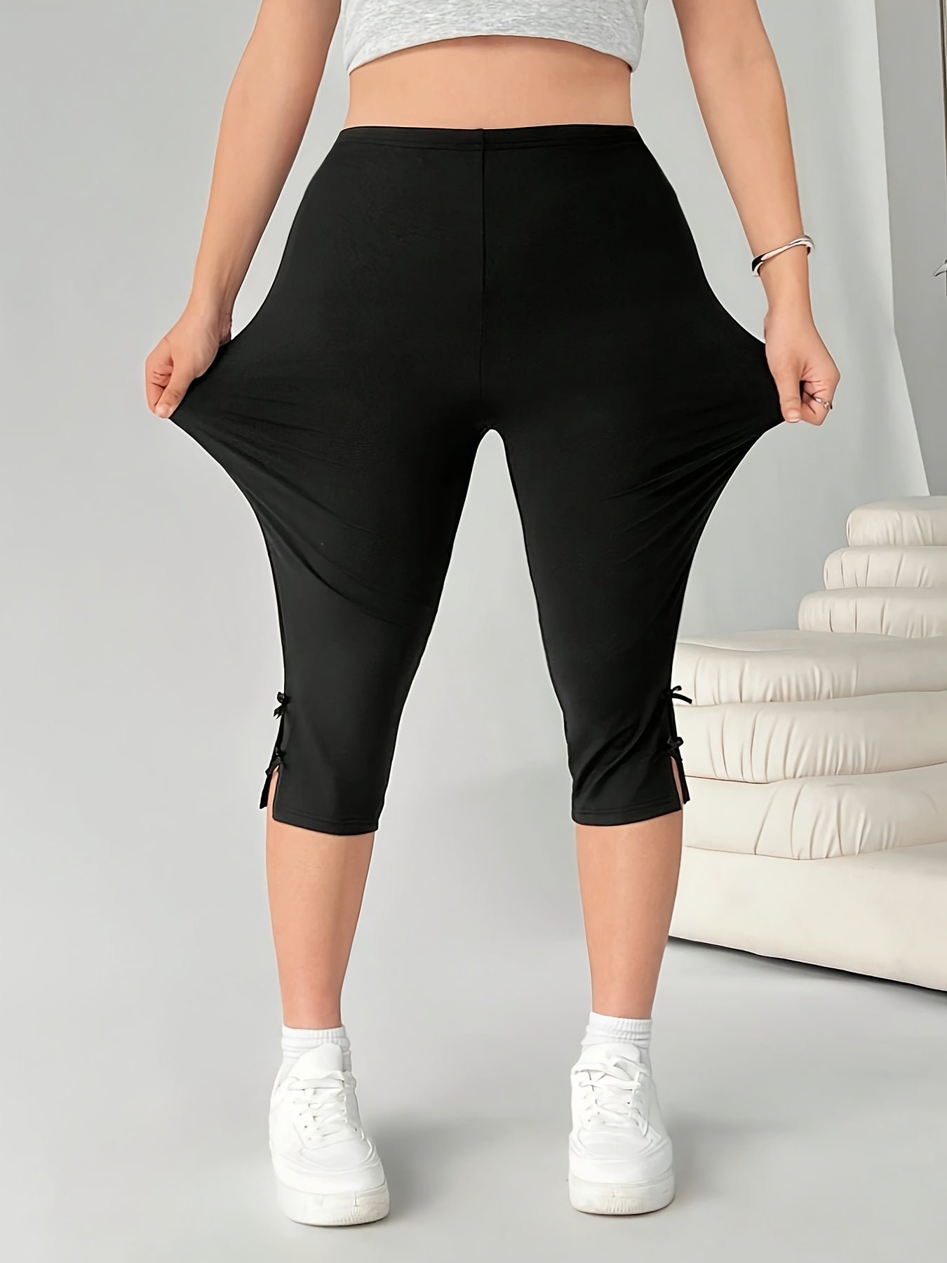 Women's Plus Size Capri Leggings High Waisted 3/4 Length Beige Stretchy