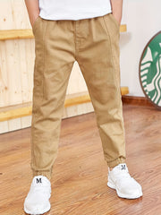 Kids Boys Slim Fit Khaki Cargo Pants Cotton Blend Elastic Waist Casual All-Season