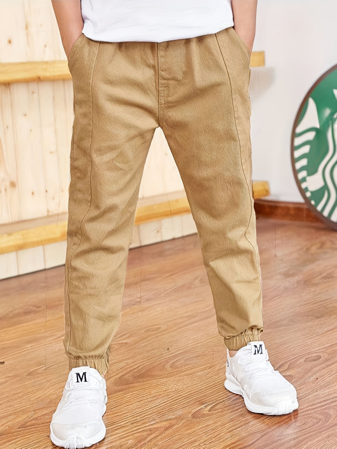 Kids Boys Slim Fit Khaki Cargo Pants Cotton Blend Elastic Waist Casual All-Season