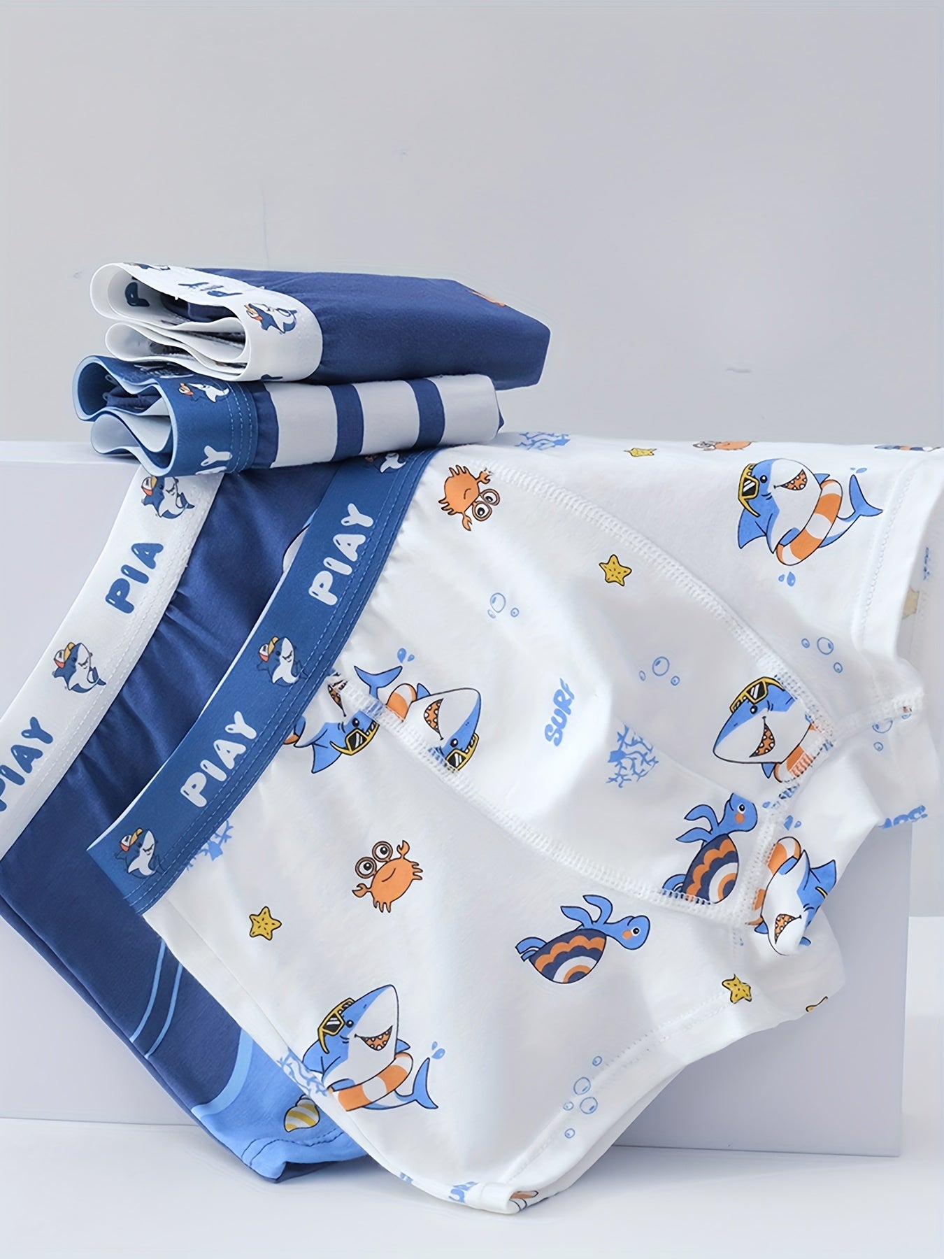 Boys' 4-Pack Underwater World Cartoon Boxer Briefs Soft Breathable Cotton Fit for Over 3 Years