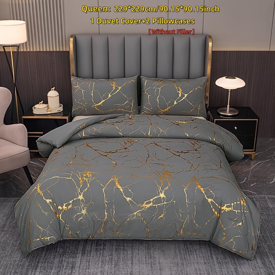 White Marble Pattern Quilt Cover Set with Gold Foil Print 2/3 Pieces Bedding