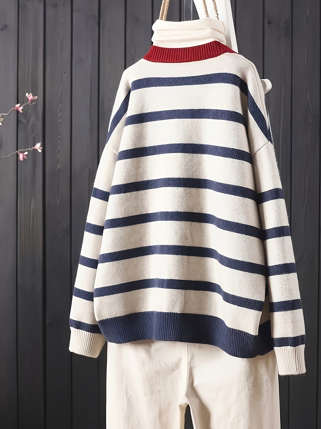 Plus Size Women's Striped Cardigan with Heart Detail Long Sleeve Open Front Sweater Navy Beige Red