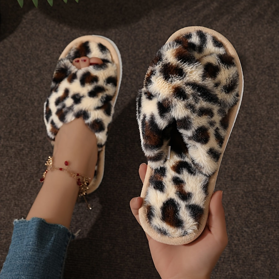 Leopard Print Plush Slippers Non-Slip Cozy Indoor Slip-On Fabric Sole