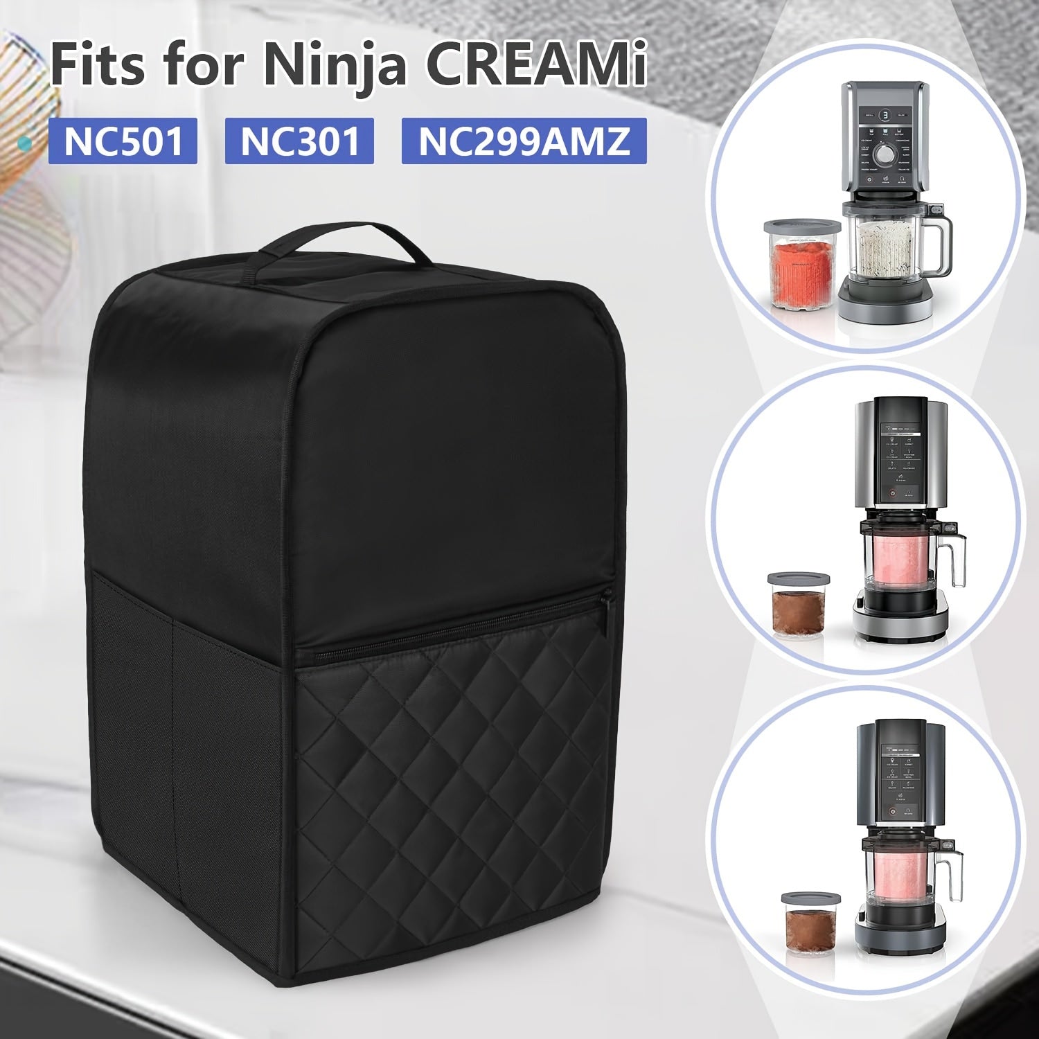 Black Quilted Dust Cover for Ice Cream Maker with Accessory Pockets
