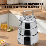 Multi-functional steamer with stainless steel food grid, doubles as lunch box and storage for on-the-go meals