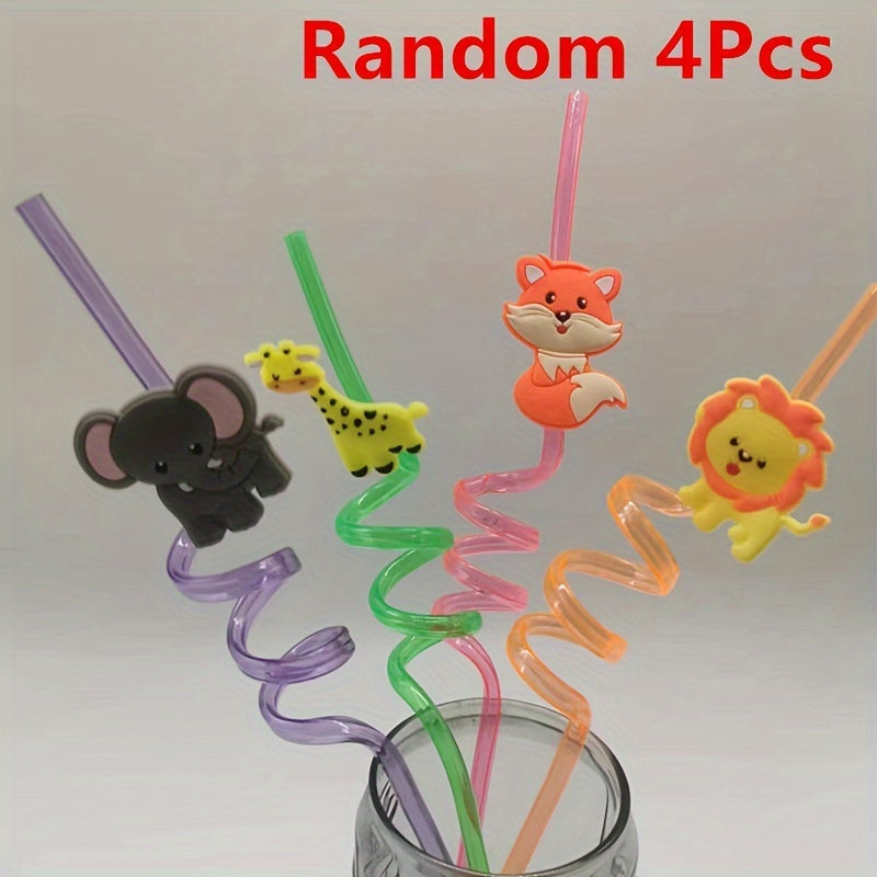 Set of 4 Plastic Zoo Animal Straws for Parties and Events