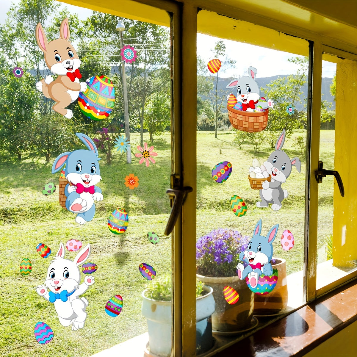 Set of 2 Easter Bunny and Egg Glass Window Stickers 20x30cm for Decor