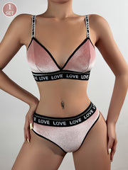 Women's Letter Shoulder Strap Bra and Mid-Waist Panty Set Soft Comfortable Lingerie