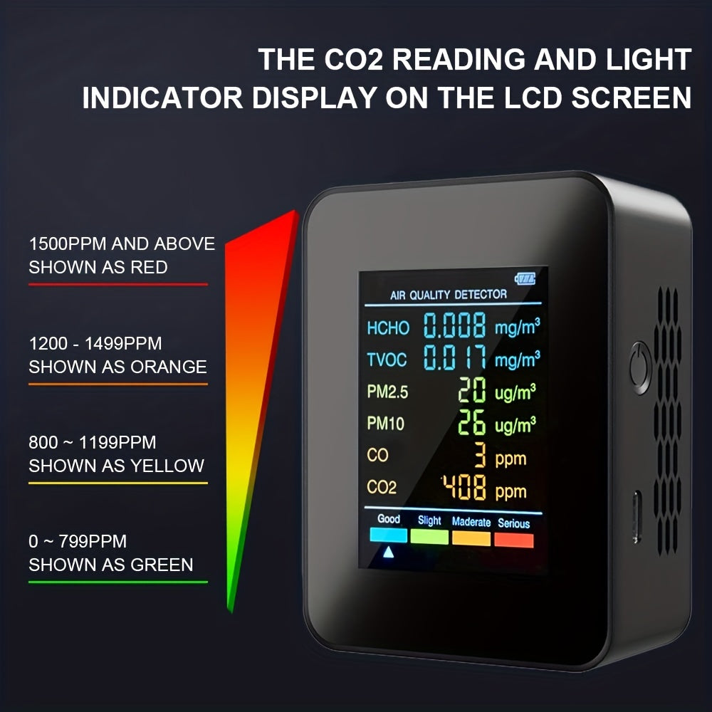 6-in-1 Air Quality Monitor with LCD Display CO2 PM2.5 PM10 HCHO TVOC CO