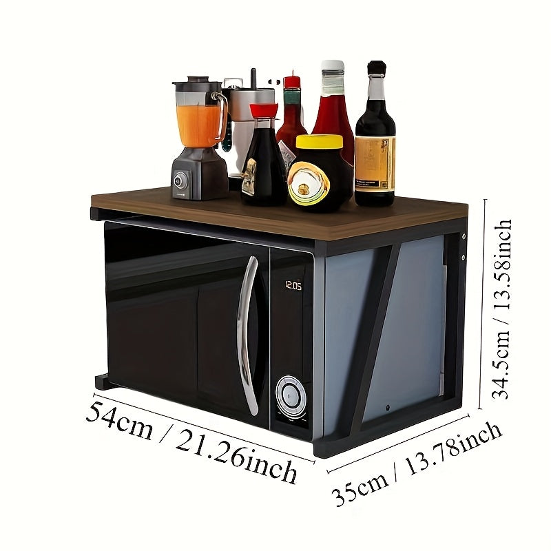 Qozonli mikroto'lqinli pech uchun qora va yog'och aksentli oshxona saqlash racki, texnikalar, ziravorlar va idishlarni tartibga solish uchun.