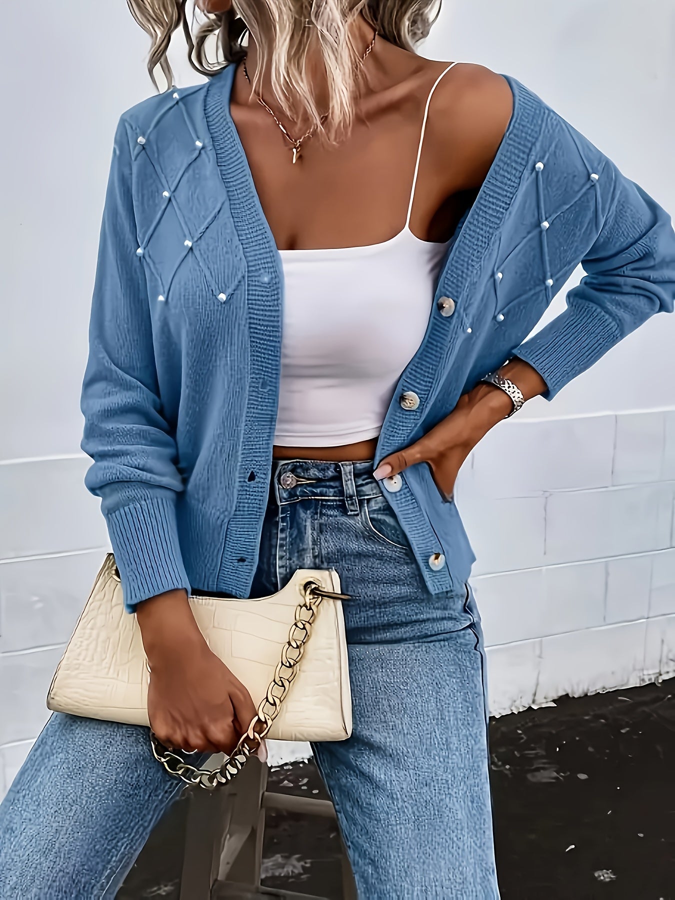 Women's Light Gray Pearl Embroidered Cardigan Long Sleeve Diamond Pattern