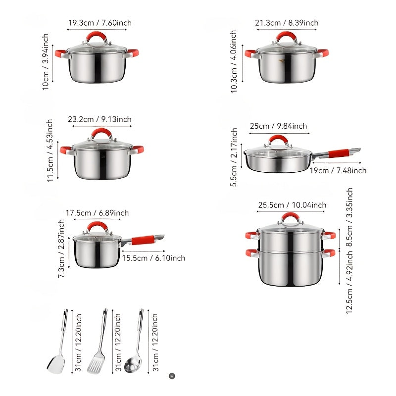 16-Piece Stainless Steel Pot Set with Silicone Handles, Large Capacity, Versatile Cookware