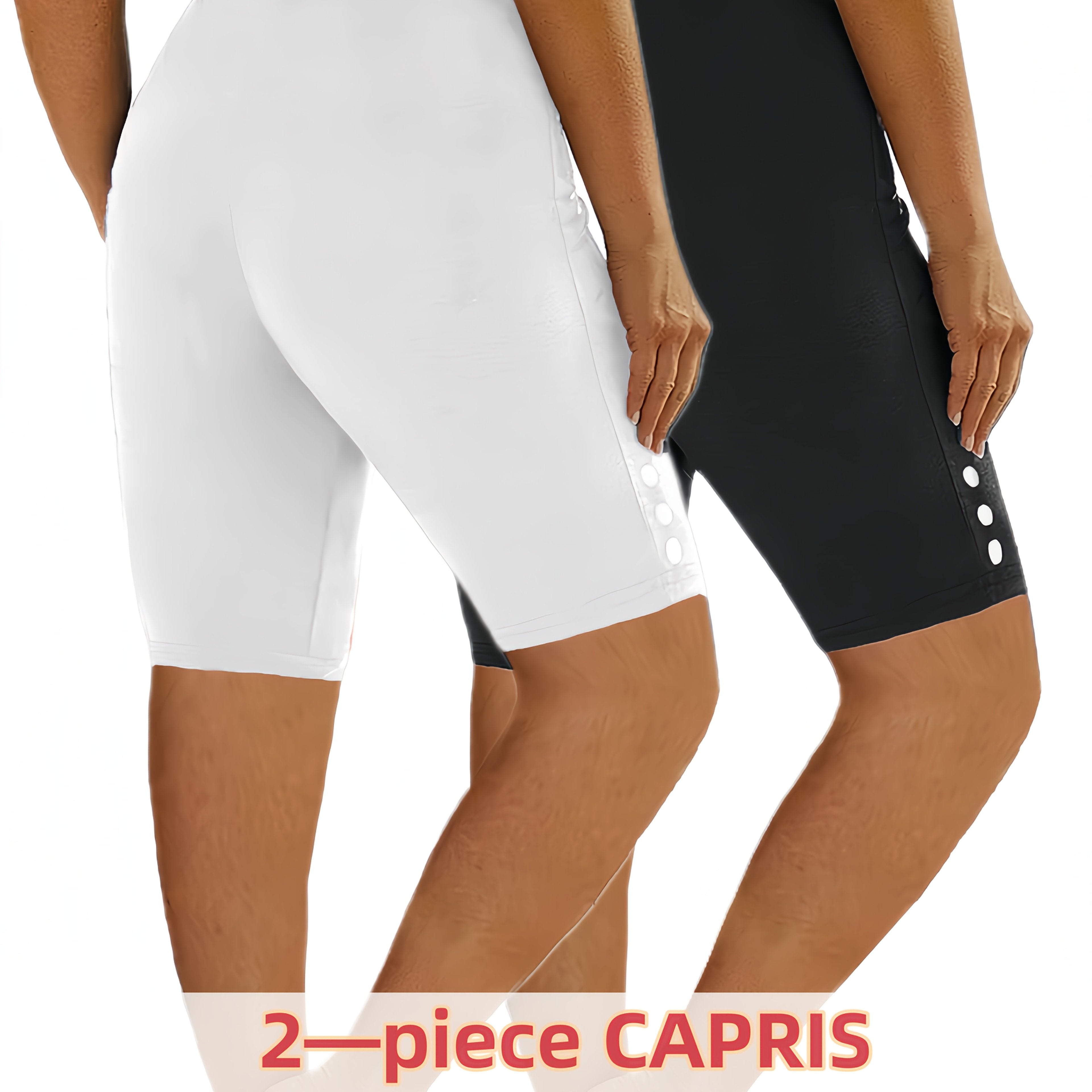 Plus Size Women's High-Waisted Capri Leggings Yoga Shorts, Stretchy, Lightweight Summer Activewear Black Green