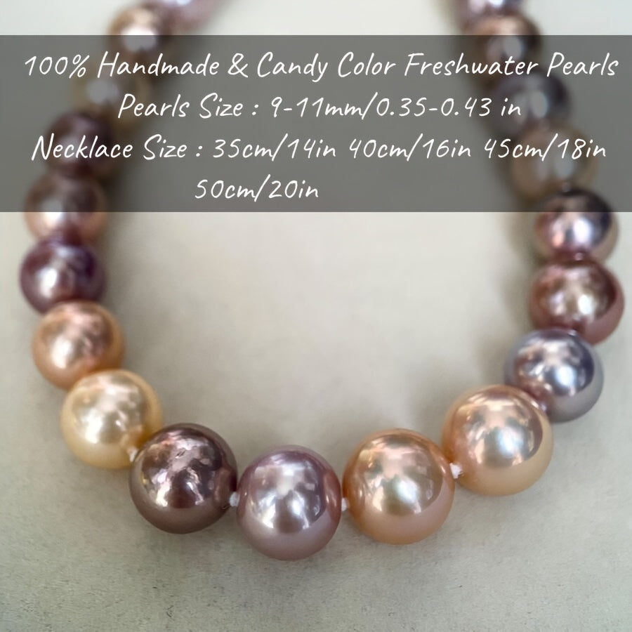 Колье ручной работы с яркими конфетными цветами и пресноводными жемчужинами размером 9-11 мм, представленное в подарочной коробке. Идеально подходит как для повседневной носки, так и для особых случаев.